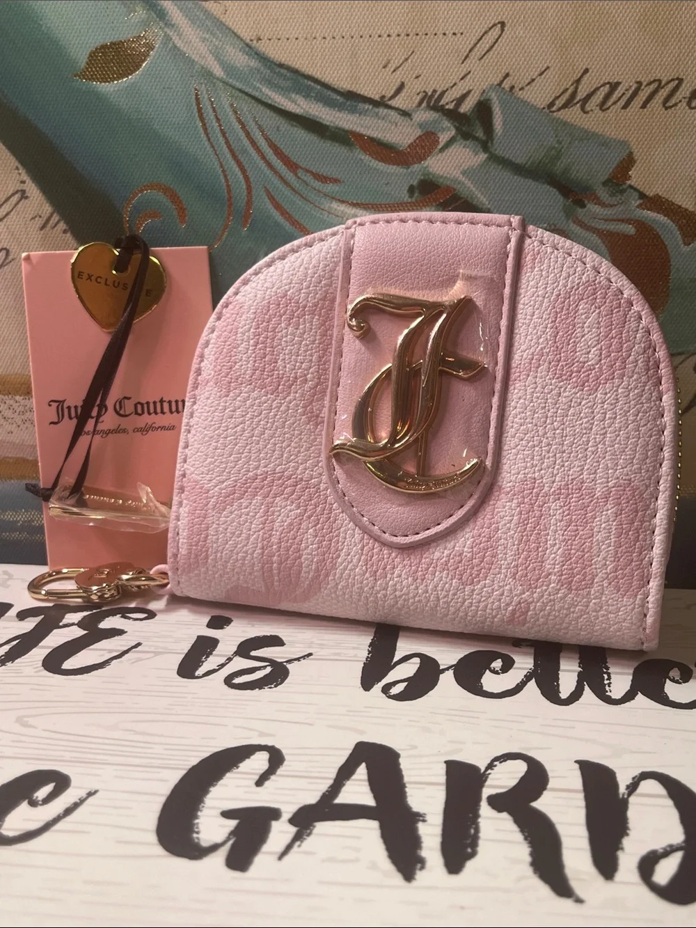 Juicy Couture Pale Pink Monogram card holder Wallet with Gold JC Emblem